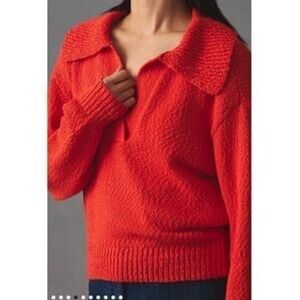 Maeve by Anthropologie Orange Textured Collared V-Neck Cropped Knit Sweater Sz S